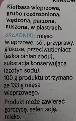 Lista de ingredientes del producto Krakowska sucha wieprzowe Tesco 100 g