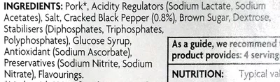 Lista de ingredientes del producto Peppered Dry Cured Ham - 4 thick slices Asda 130g