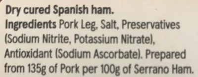 Lista de ingredientes del producto 5 spanish serrano ham slices Tesco 80g