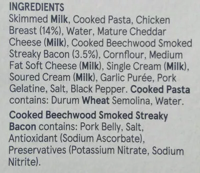 Lista de ingredientes del producto Chicken & bacon pasta bake Tesco 