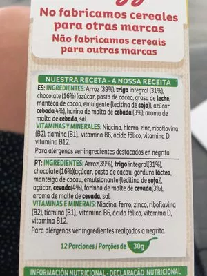 Lista de ingredientes del producto Special K chocolate negro Kellogg's 375 g