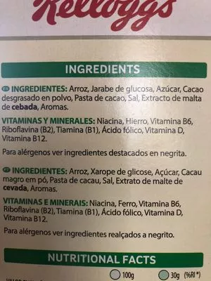 Lista de ingredientes del producto Choco Kripies Kellogg's 