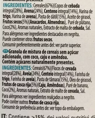 Lista de ingredientes del producto Sugar-free nutty granola Kellogg's 300 g