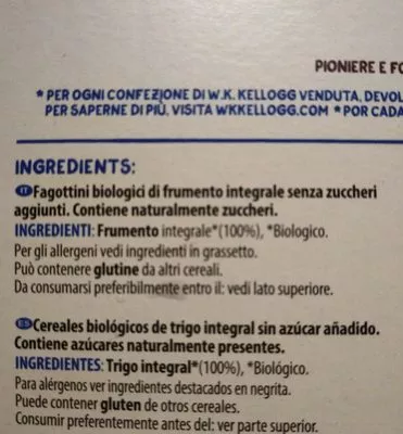 Lista de ingredientes del producto Cereali integrali original Kellogg's 300 g