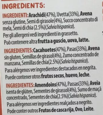 Lista de ingredientes del producto Nuts & Raw Fruits Bar Kellogg's 