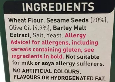 Lista de ingredientes del producto Sesame breadsticks Asda 