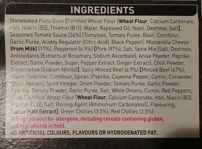 Lista de ingredientes del producto Thin Stonebaked Spicy Meat Feast Pizza ASDA 1