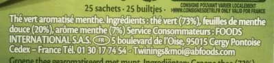 Lista de ingredientes del producto Twinning Thé Vert Menthe Twinings 30 g (25 sachets)