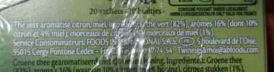 Lista de ingredientes del producto Thé Vert Citron Touche de Miel Twinings (20 sachets)