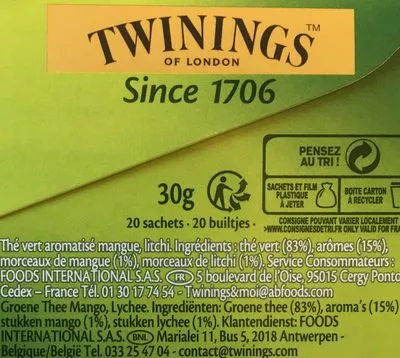 Lista de ingredientes del producto Thé vert mangue litchi Twinings 20 sachets