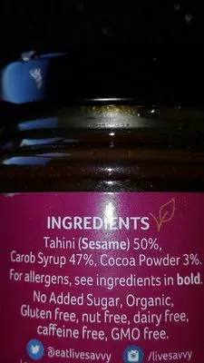 Lista de ingredientes del producto Organic Chocolate Carob Sesame Spread Savvy 