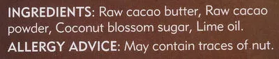 Lista de ingredientes del producto Organic Lime dark raw chocolate Enjoy! Raw Chocolate 80 g