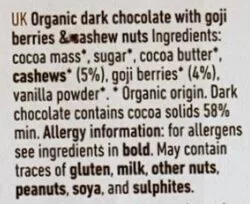 Lista de ingredientes del producto Goji Berry + Cashew Dark Chocolate Gnaw 100 g