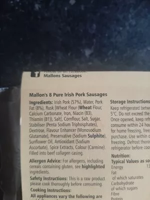 Lista de ingredientes del producto sausages mallon  