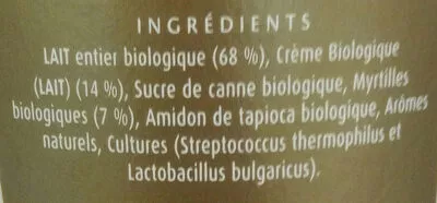 Lista de ingredientes del producto Yaourt biologique a la myrtilles Glenisk 