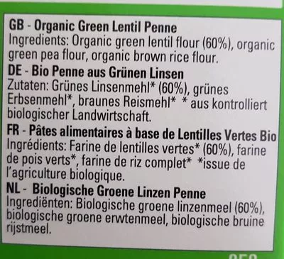 Lista de ingredientes del producto green lentil penne explore cuisine 250g