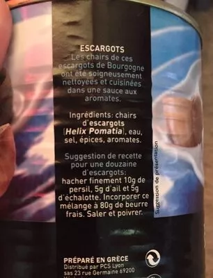 Lista de ingredientes del producto Escargots de bourgogne  