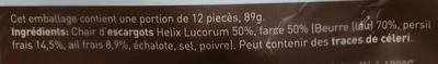 Lista de ingredientes del producto 12 Escargots préparés à la Bourguignonne Delys Escargots, Delys 89 g