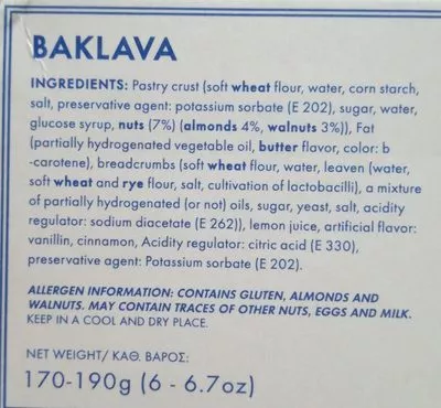 Lista de ingredientes del producto Baklava  