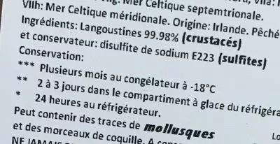 Lista de ingredientes del producto Langoustines entières crues surgelées Errigal Bay 1 kg (800 g net)