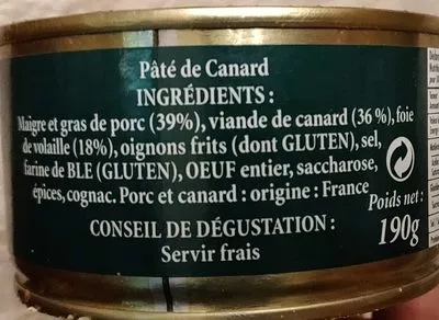 Lista de ingredientes del producto Pâté de canard  