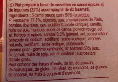 Lista de ingredientes del producto Scampi Curry et Riz Basmati Carrefour 400 g