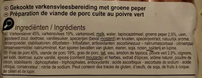 Lista de ingredientes del producto Pâté de campagne au poivre vert Carrefour 150 g