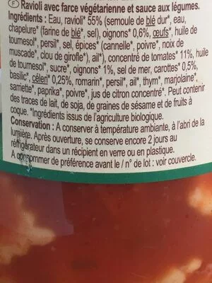 Lista de ingredientes del producto Ravioli vegetariens Carrefour Bio, Carrefour 