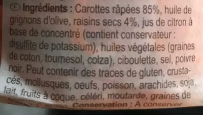 Lista de ingredientes del producto Carottes avec Raisins Secs Carrefour 180 g