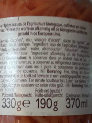 Lista de ingredientes del producto Carottes râpées carrefour bio,  Carrefour 330 g