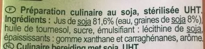 Lista de ingredientes del producto Préparation culinaire au soja, stérilisé UHT. Carrefour 20cl