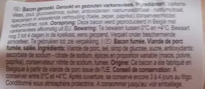 Lista de ingredientes del producto Bacon fumé carrefour 13 tranches - 150 g