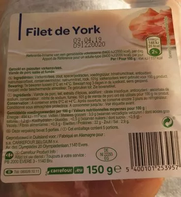 Lista de ingredientes del producto Filet de York produit blanc 150g