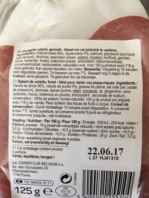 Lista de ingredientes del producto Salami volaille Carrefour 