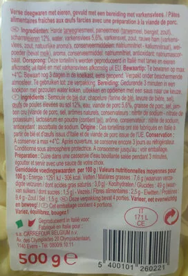 Lista de ingredientes del producto Tortellini à la viande Carrefour 500g