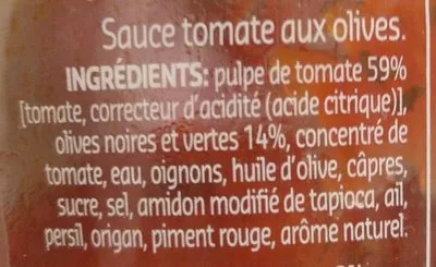 Lista de ingredientes del producto Sauce tomate aux olives Delhaize 