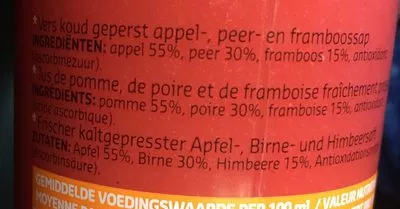 Lista de ingredientes del producto Jus Pomme/Framboise/Poire Delhaize 500ml