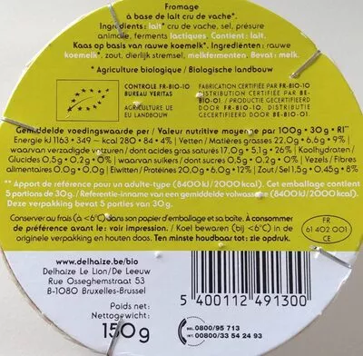 Lista de ingredientes del producto Camembert bio Delhaize 150 g