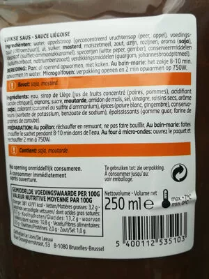 Lista de ingredientes del producto Sauces liégeoise delhaize 250ml