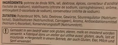 Lista de ingredientes del producto Filet de dinde Delhaize 125 g