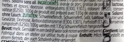 Lista de ingredientes del producto Salami zonder look Delhaize Delhaize 150 g