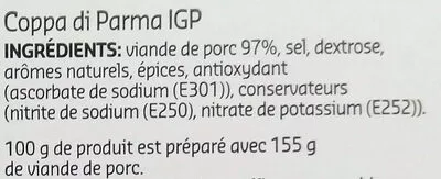 Lista de ingredientes del producto Coppa di Parma IGP Taste of Inspirations, Delhaize 100 g