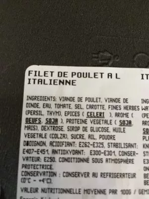 Lista de ingredientes del producto Filet de poulet à l’italienne Cora 