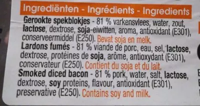 Lista de ingredientes del producto Gerookte spekblokjes Everyday 250 g