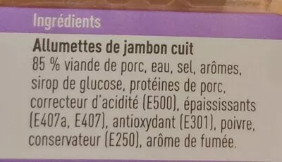 Lista de ingredientes del producto Allumettes Jambon Boni 100 g