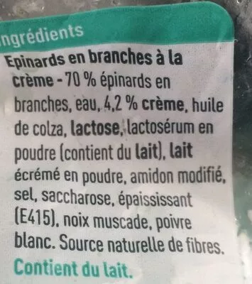 Lista de ingredientes del producto Epinards en branche a la creme boni 1 kg