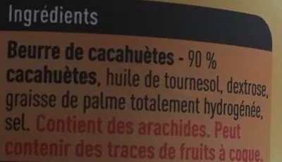 Lista de ingredientes del producto Beurre de cacahuètes Boni 350 g