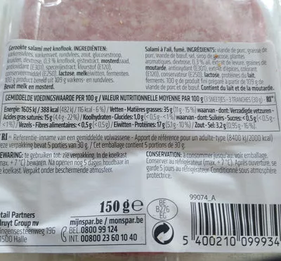 Lista de ingredientes del producto Salami à l'ail Spar 150g