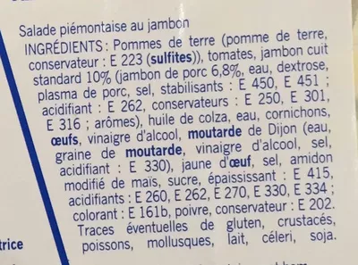 Lista de ingredientes del producto Piémontaise au jambon Winny 500 g