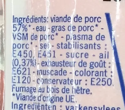 Lista de ingredientes del producto Saucisson cuit à l'ail, fumé Winny 400 g